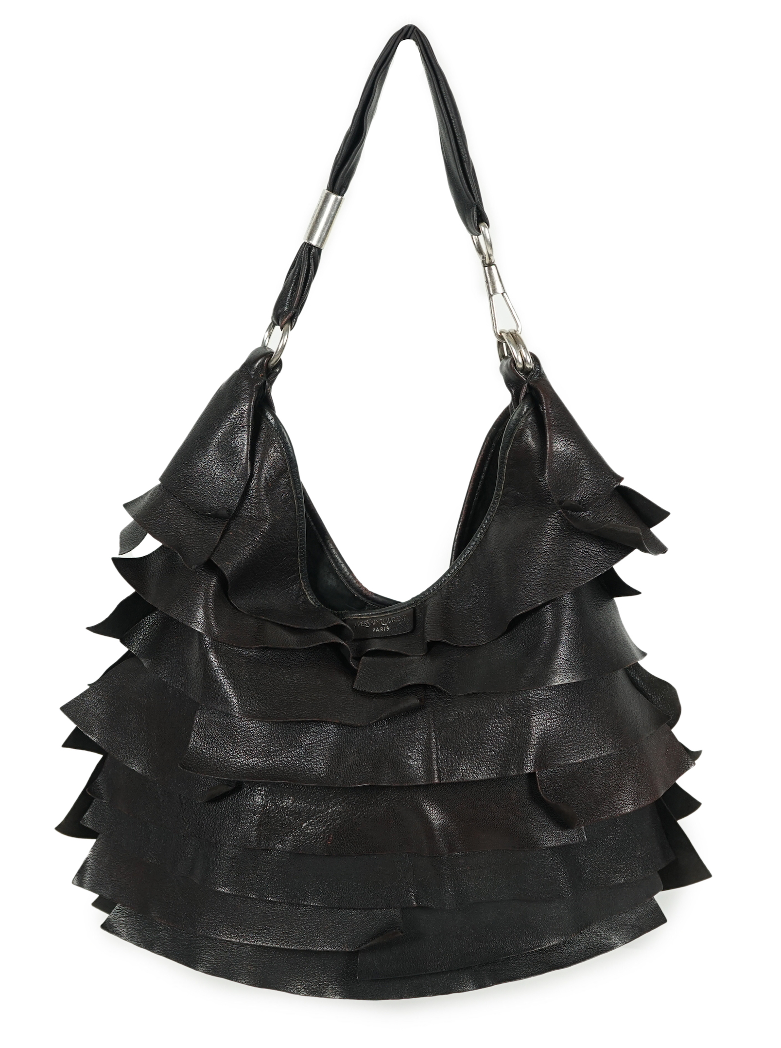 A vintage Yves Saint Laurent Chevre Ruffle Saint Tropez shoulder bag in black leather, designed by Tom Ford for YSL, c.1990's, width 40cm, height 38cm, max height overall 52cm, depth 3cm